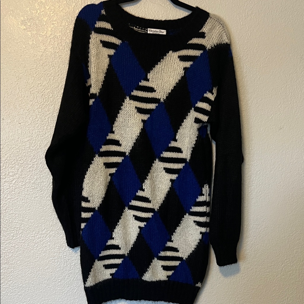 Christian Dior Vintage Women's Mohair Black And Blue Geometric Sweater Dress